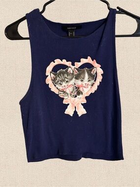 Forever 21 Navy Tank Top with Pink Heart Kitten Graphic